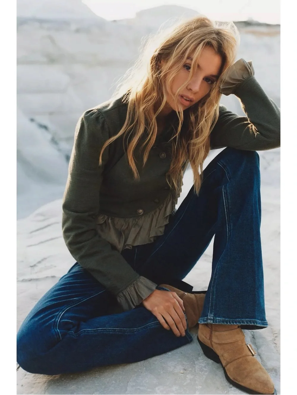 Anthropologie Curved Ruffle Military Cardigan Top Jacket Army Green Large NWT - Picture 3 of 16